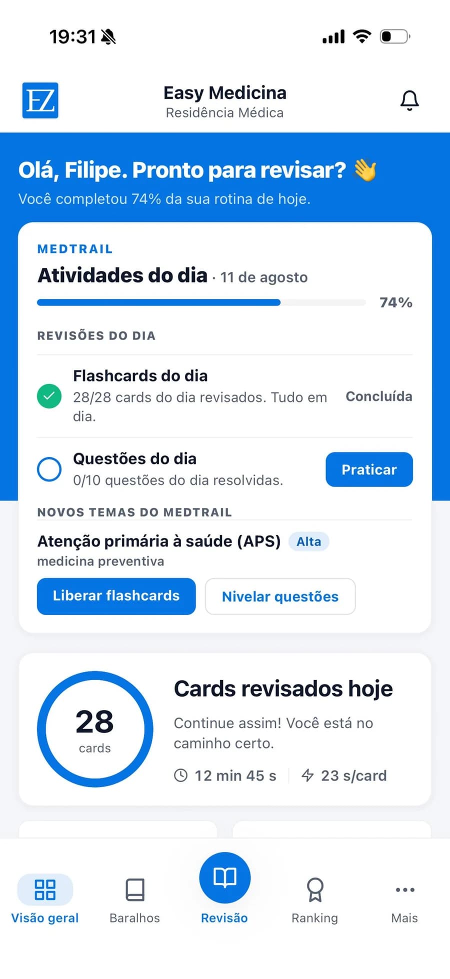 App da Easy Medicina no iPhone: rotina do dia com 74% concluído, atividades do MedTrail e cards revisados