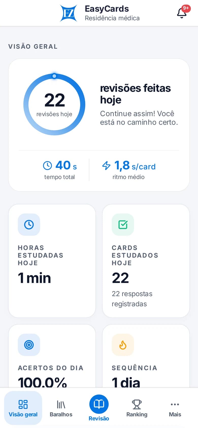 EasyCards no celular: visão geral com revisões do dia, tempo de estudo e taxa de acertos