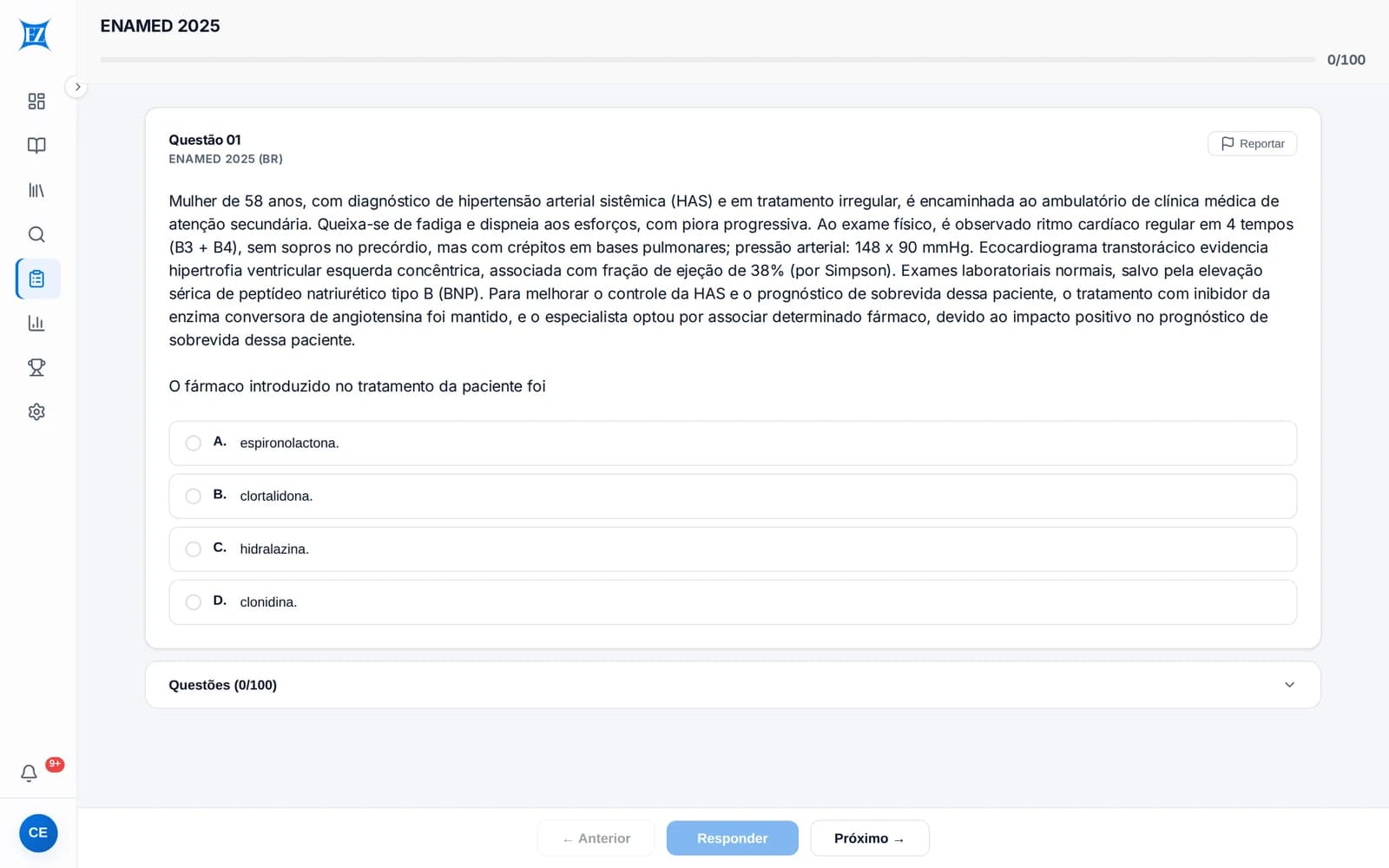 Questão do ENAMED 2025 no qBank do EasyCards, com enunciado clínico e alternativas