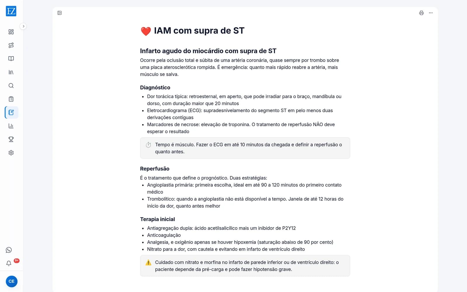 Editor de Resumos da Easy Medicina aberto numa página sobre infarto agudo do miocárdio com supra de ST